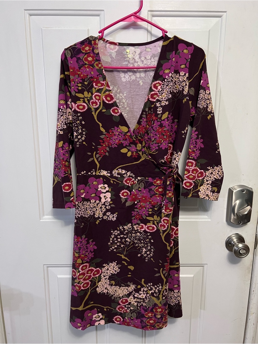 Spartina 449 Floral Wrap Dress Long Sleeve V Neck Tie Waist Purple Burgundy M